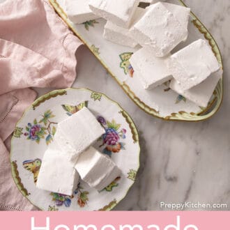 Pinterest graphic of an overhead view of square marshmallows on a plate and platter.