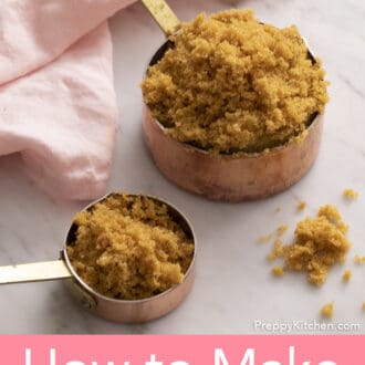 Pinterest graphic showing copper measuring cups holding homemade brown sugar.