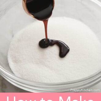 Pinterest graphic of molasses being poured over white sugar in a glass bowl