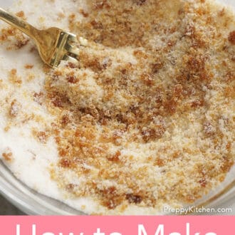 Pinterest graphic of partially mixed brown sugar in a glass bowl.