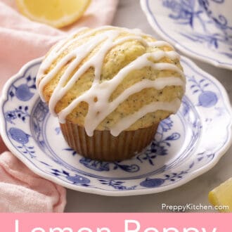 Pinterest graphic of a lemon poppy seed muffin with lemon icing on a blue and white plate.