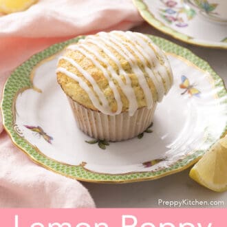 Pinterest graphic of a lemon poppy seed muffin on a porcelain plate with a pink napkin.