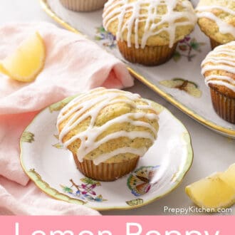 Pinterest graphic of a lemon poppy seed muffin on a floral plate, with more muffins in the background.