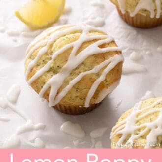 Pinterest graphic of close-up of a lemon poppy seed muffin with a lemon glaze.