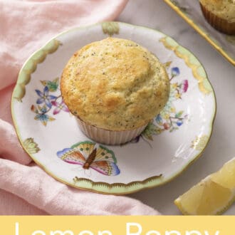 Pinterest graphic of a lemon poppy seed muffin on a floral plate with more muffins in the background.