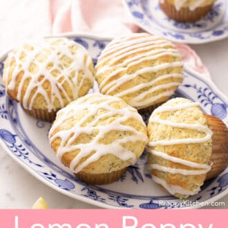 Pinterest graphic of several lemon poppy seed muffins on a blue and white platter.