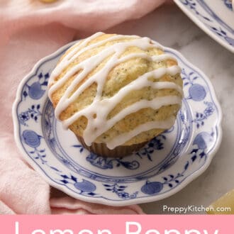 Pinterest graphic of a muffin with a sugar glaze on a blue and white plate.