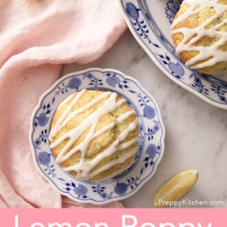 Pinterest graphic of an overhead shot of a muffin on a small plate.