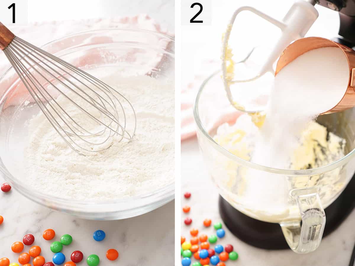 Set of two photos showing dry ingredients whisked in a bowl and sugar added to a mixing bowl.