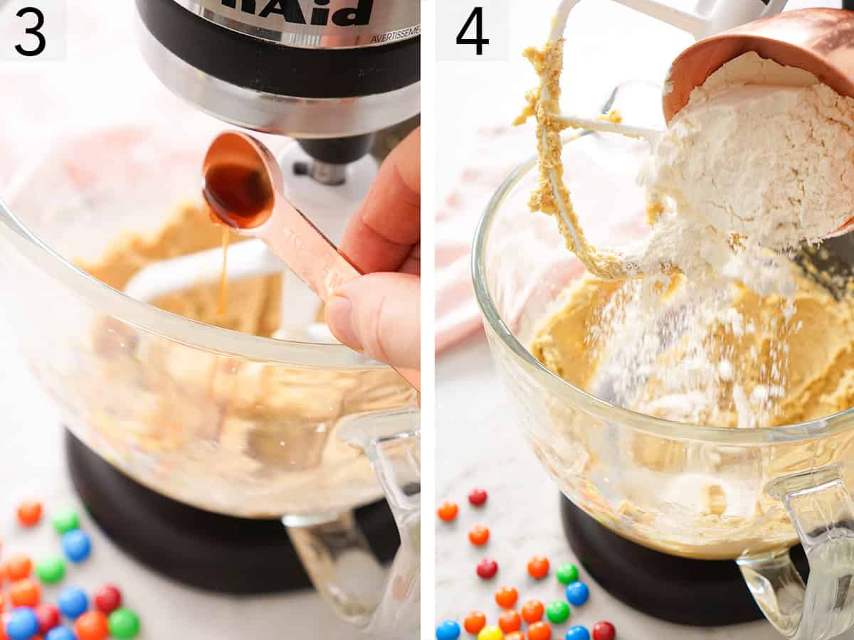 Set of two photos showing vanilla extract and dry ingredients added to a mixer.