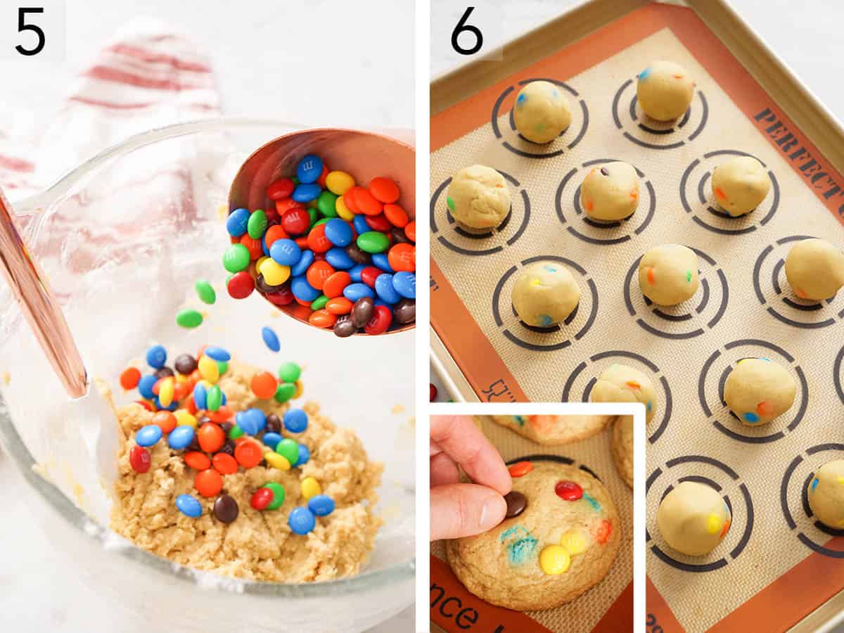 Set of two photos showing M&Ms added to the batter, dough balls added to a lined sheet pan, then M&Ms added on top of the baked cookies. 