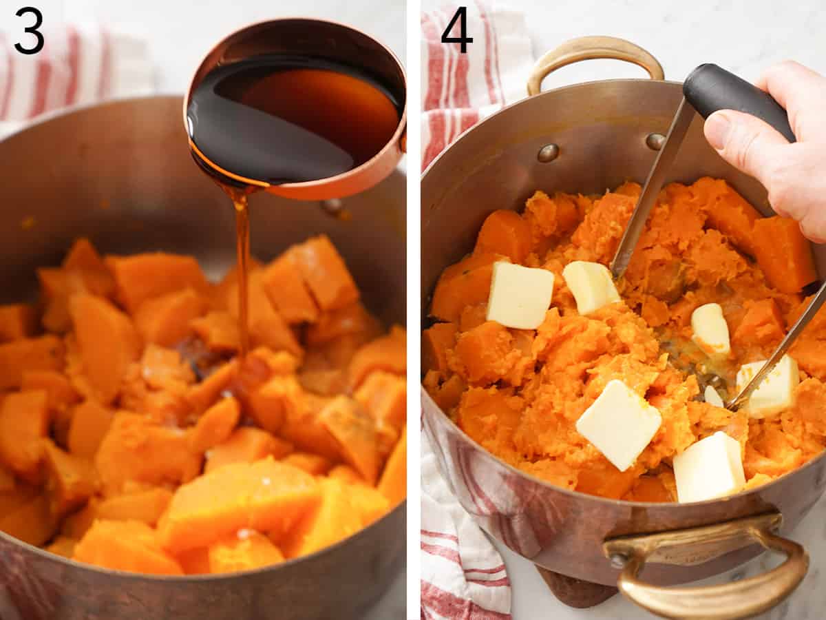 Set of two photos showing maple syrup and butter added to the cooked sweet potatoes and mashed.