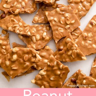 Pinterest graphic of multiple pieces of peanut brittle on a white surface.
