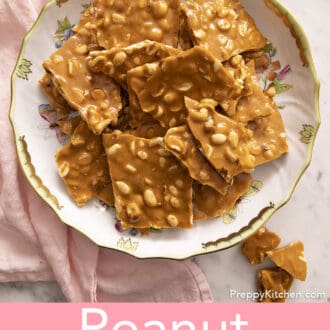 Pinterest graphic of pieces of peanut brittle in a floral platter.