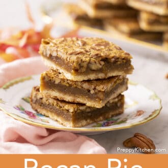 Pinterest graphic of three pecan pie bars stacked on a plate.