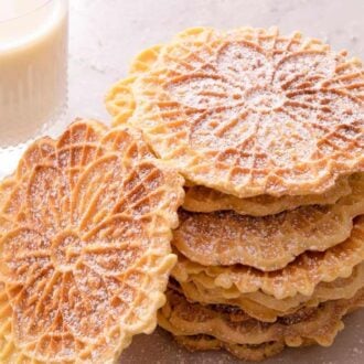 A pinterest graphic of a stack of pizzelle cookies with one leaning up against it.