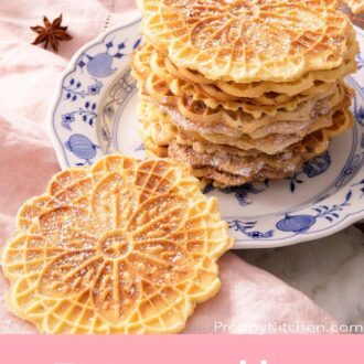 A pinterest graphic of a stack of Pizzelle cookies on a plate and one on the side.