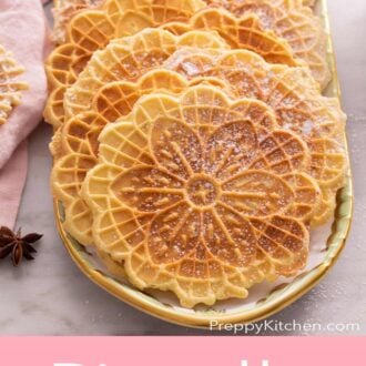 A pinterest graphic of pizzelle cookies.
