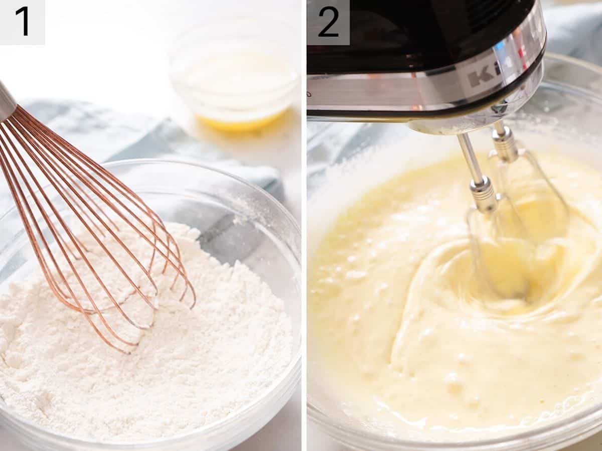 Dry ingredients mixed together in a bowl and a photo of eggs and sugar mixed together in a stand mixer.