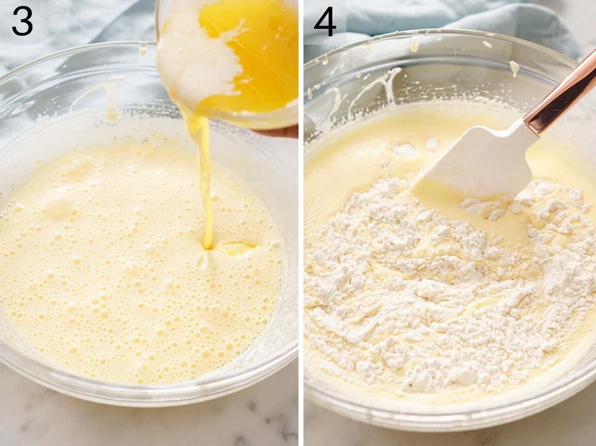 Two photos showing butter and flour to pizzelle cookie batter.