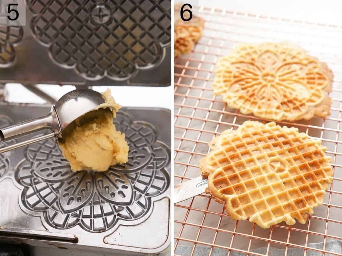 Two photos showing batter added to an pizzelle iron and transferred to a cooling rack.