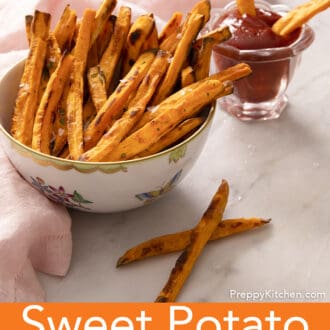 A bowl of freshly baked sweet potato fries.