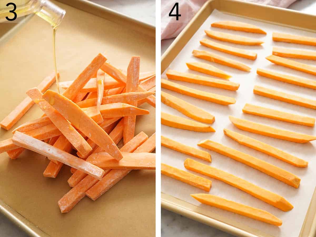 Sweet potato pieces getting drizzled with olive oil and arranged on a baking sheet.