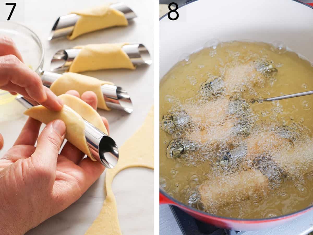 Set of two photos showing cannoli shells rolled and deep fried.