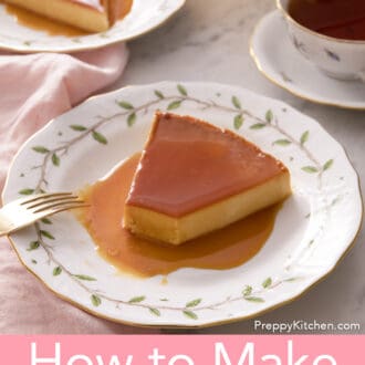 Pinterest graphic of a partially eaten piece of flan on a plate with a fork.