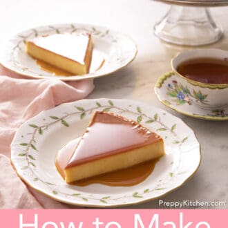 Pinterest graphic of a couple plates with a piece of flan on them.