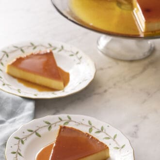 Pinterest graphic of a 2 plate each with a piece of flan on them. A cake stand with the rest of the flan in the back.