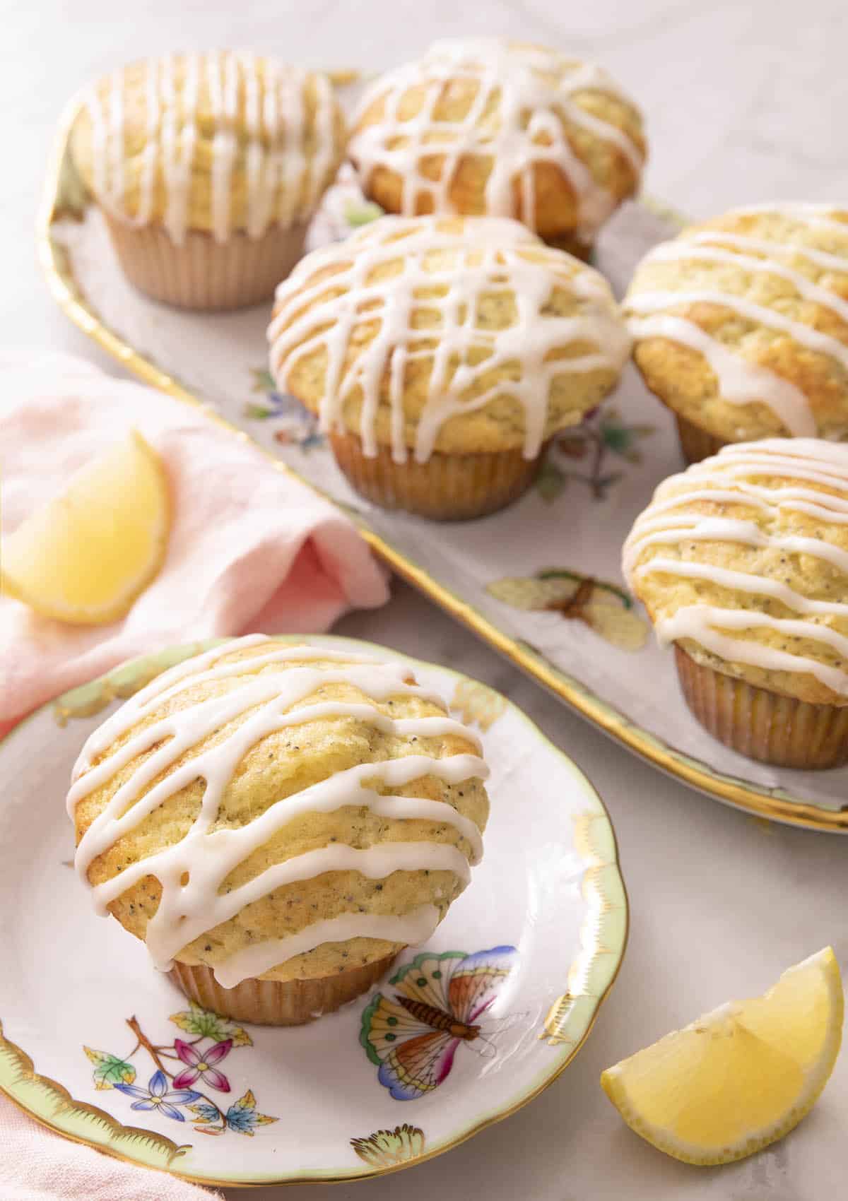 Lemon poppy seed muffins with lemon icing.