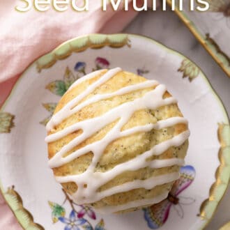 Pinterest graphic of an overhead image of a lemon poppy seed muffin on a small serving plate.