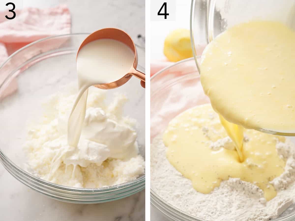 Set of two images showing milk added to the lemon zest mixture and the wet ingredients added to the dry ingredients.