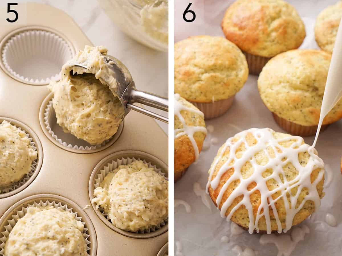 Set of two images showing muffin batter scooped into a muffin tin, and baked lemon poppy seed muffins drizzled with lemon glaze.