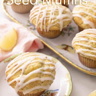 a lemon poppy seed muffin on a floral plate