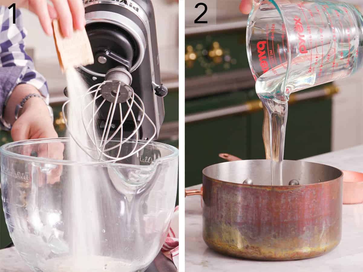 Set of two photos showing gelatin added to a mixer and corn syrup added to a pot.