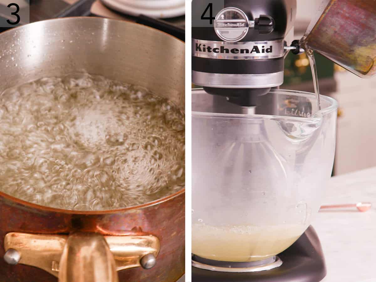 Set of two photos showing sugar, light corn syrup, salt, and water simmered in a pot and then poured into a mixer.