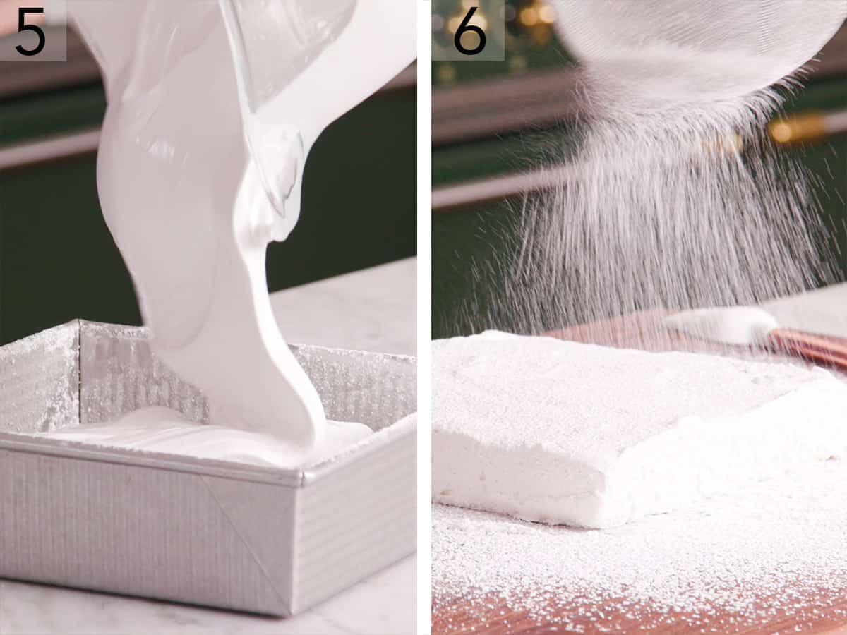 Set of two photos showing mixture poured into a baking dish then when turned out and dusted in powdered sugar.