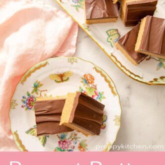 A Pinterest graphic showing an overhead shot of lots of peanut butter bars.
