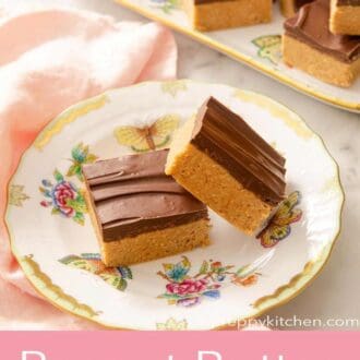 A Pinterest graphic showing 2 no-bake peanut butter bars on a plate.