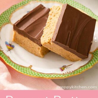 A Pinterest graphic showing a close-up of two chocolate peanut butter bars on a small plate.