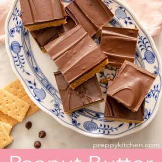 A Pinterest graphic showing an overhead shot of a stack of peanut butter bars.