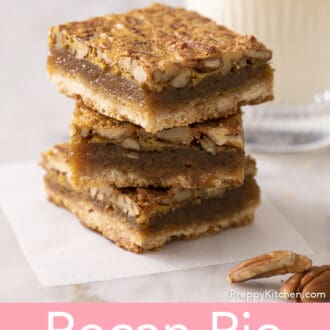 Pinterest graphic of three pecan pie bars on a piece of parchment paper.