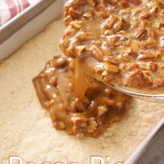 Pinterest graphic of pecan pie filling being poured over unbaked crust