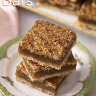 Pinterest graphic of pecan pie bars stacked on a plate.