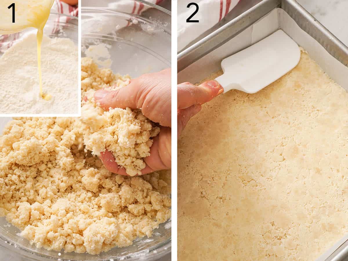 Set of two photos showing crust mixture mixed together and then pressed into a baking dish with a spatula.