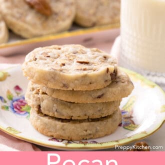 pecan sandies stacked on a floral plate
