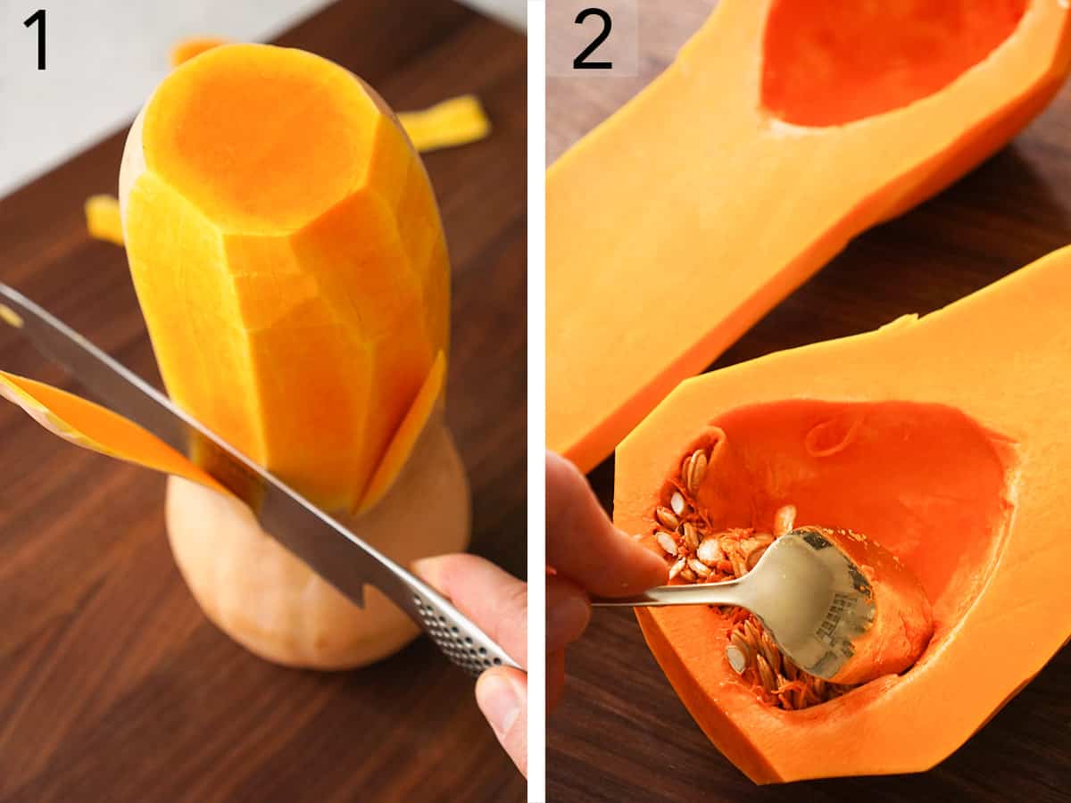 Set of two photos showing a squash peeled and then seeds removed with a spoon.