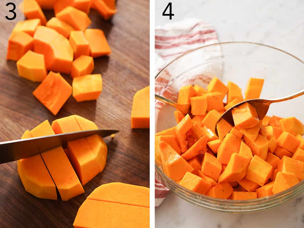 Set of two photos showing butternut squash getting cut into one inch cubes and tossed with seasoning in a bowl.